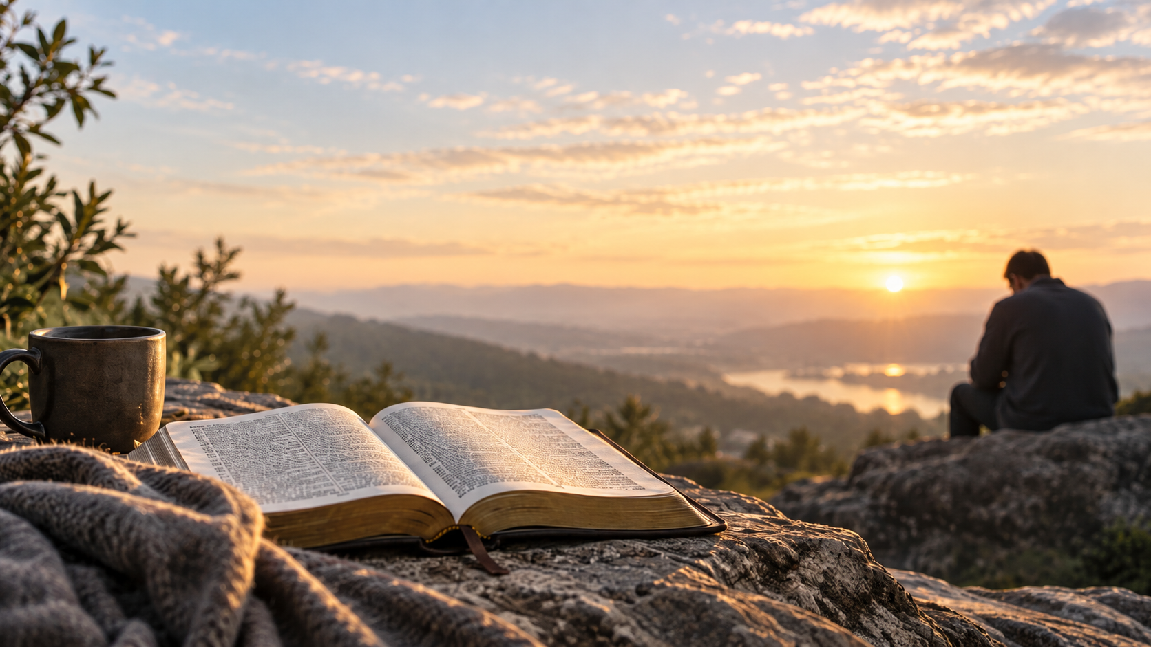 An open Bible and a man seated overlooking a valley at sunrise