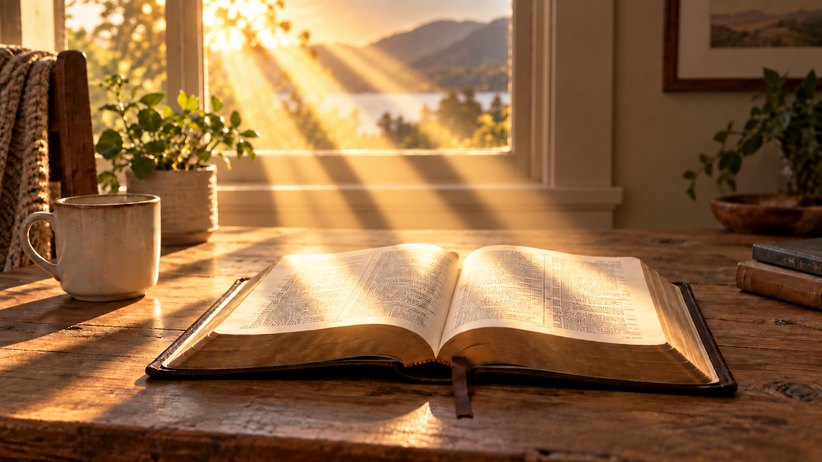 Sunlight streaming through a window onto both pages of an open Bible.